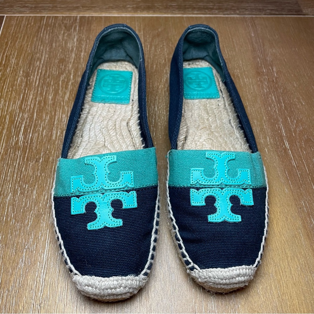 Tory Burch Weston Island Navy and Turquoise Flat Espadrille Size 6M